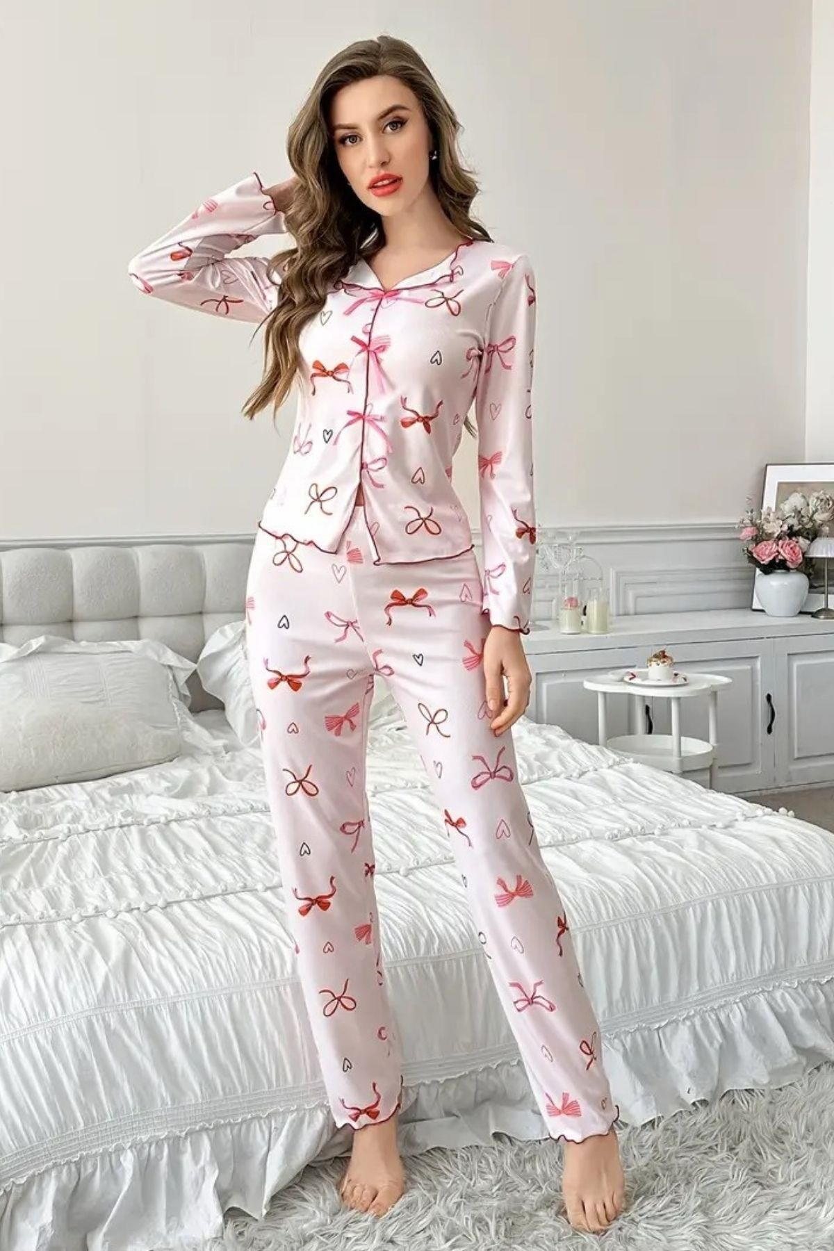 Bella Notte Toz Pembe Fiyonk Desenli Yeni Sezon Pijama Takıı 7195