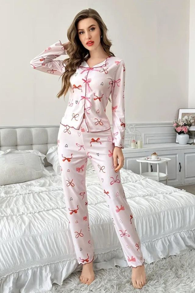 Bella Notte Toz Pembe Fiyonk Desenli Yeni Sezon Pijama Takıı 7195