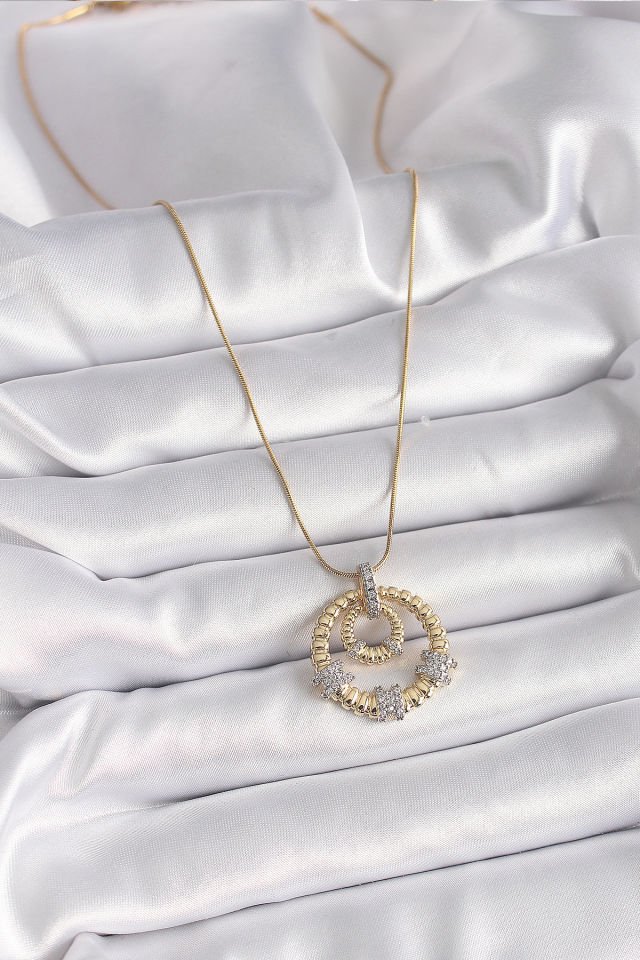 Gold Gümüş Zirkon Madalyon Kolye - 316L Çelik