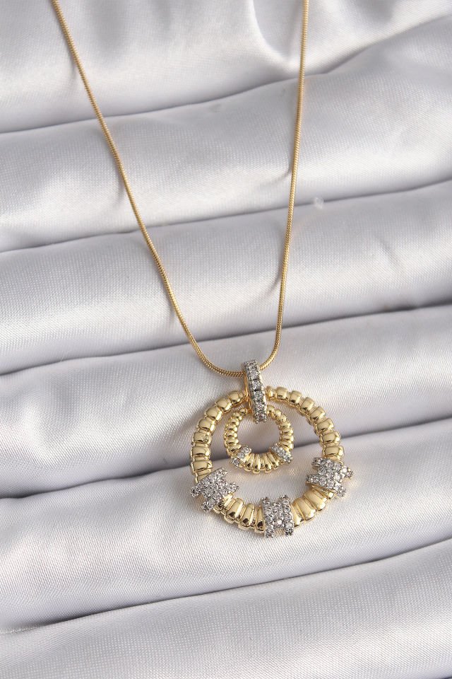 Gold Gümüş Zirkon Madalyon Kolye - 316L Çelik
