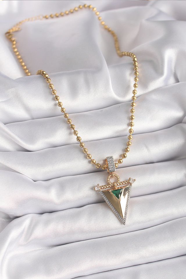 Gold Zirkon 3D Üçgen Kolye - 316L Çelik