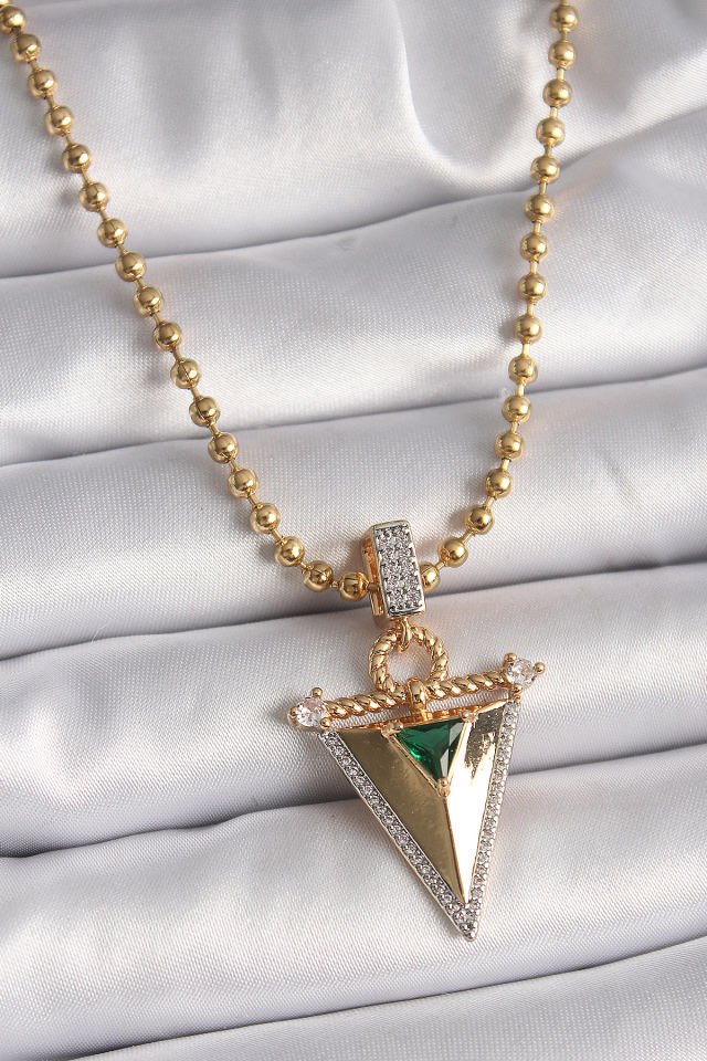 Gold Zirkon 3D Üçgen Kolye - 316L Çelik
