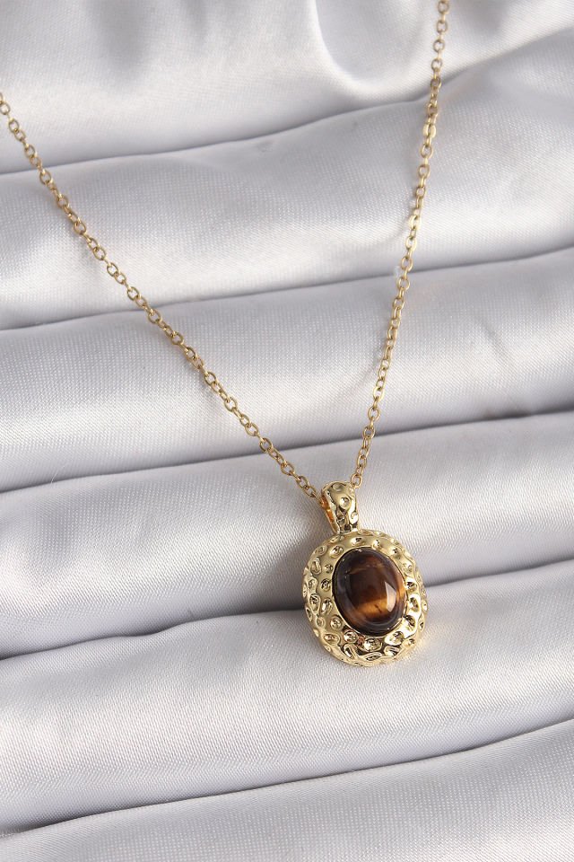 Kadın Gold Kehribar Boncuk Kolye - 316L Çelik