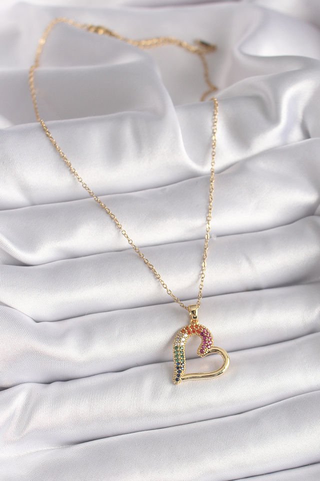 Gold Renkli Zirkon Kalp  Kolye - 316L Çelik