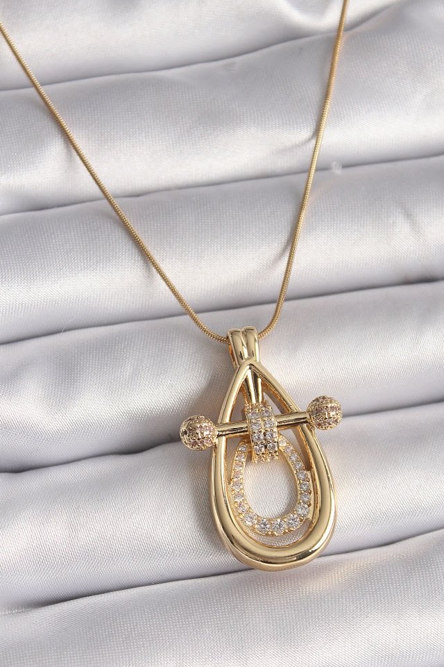 Gold Zirkon Taşlı Vintage  Kolye - 316L Çelik