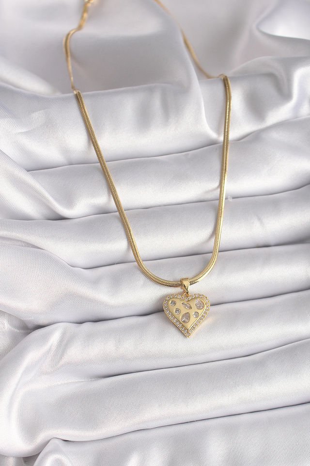 Gold İtalyan Zincir Zirkon Kalp Kolye - 316L Çelik