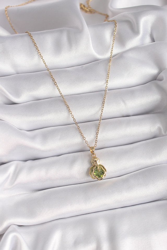 Gold Yeşil Zirkon Taşlı Vintage  Kolye - 316L Çelik