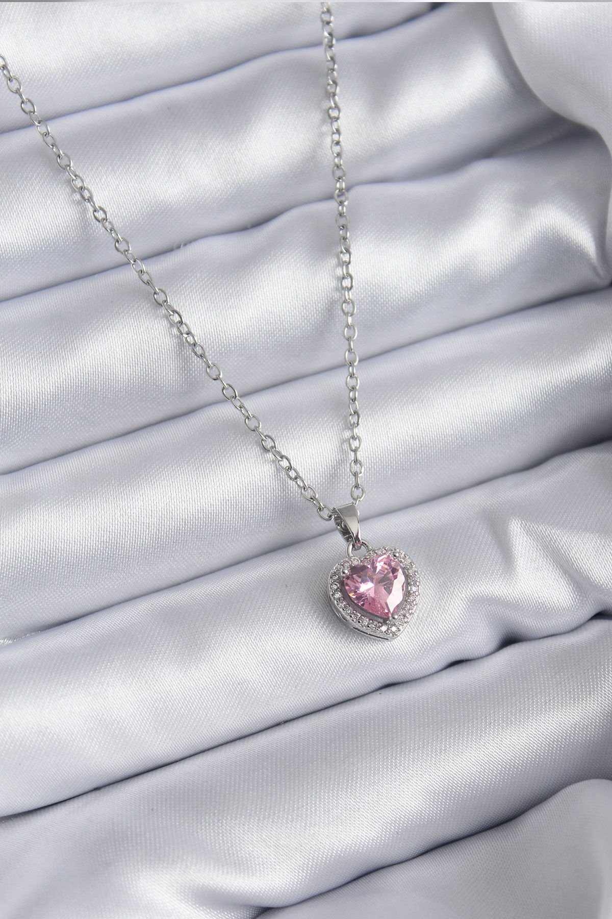 Kadın Gümüş Charm Kolye – Pembe Zirkon Taşlı 316L Çelik Zincir