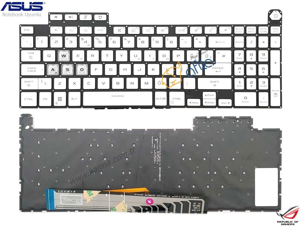 Asus TUF Gaming F15 FX507Z FX507ZM Notebook Klavyesi, Tuş Takımı / Beyaz TR - RGB ışıklı