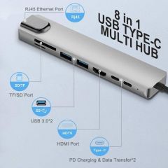 Type-C 8 Port Hub / 1 HDMI+2 USB 3.0+2 Type-C+TF+SD+Rj45 Çevirici