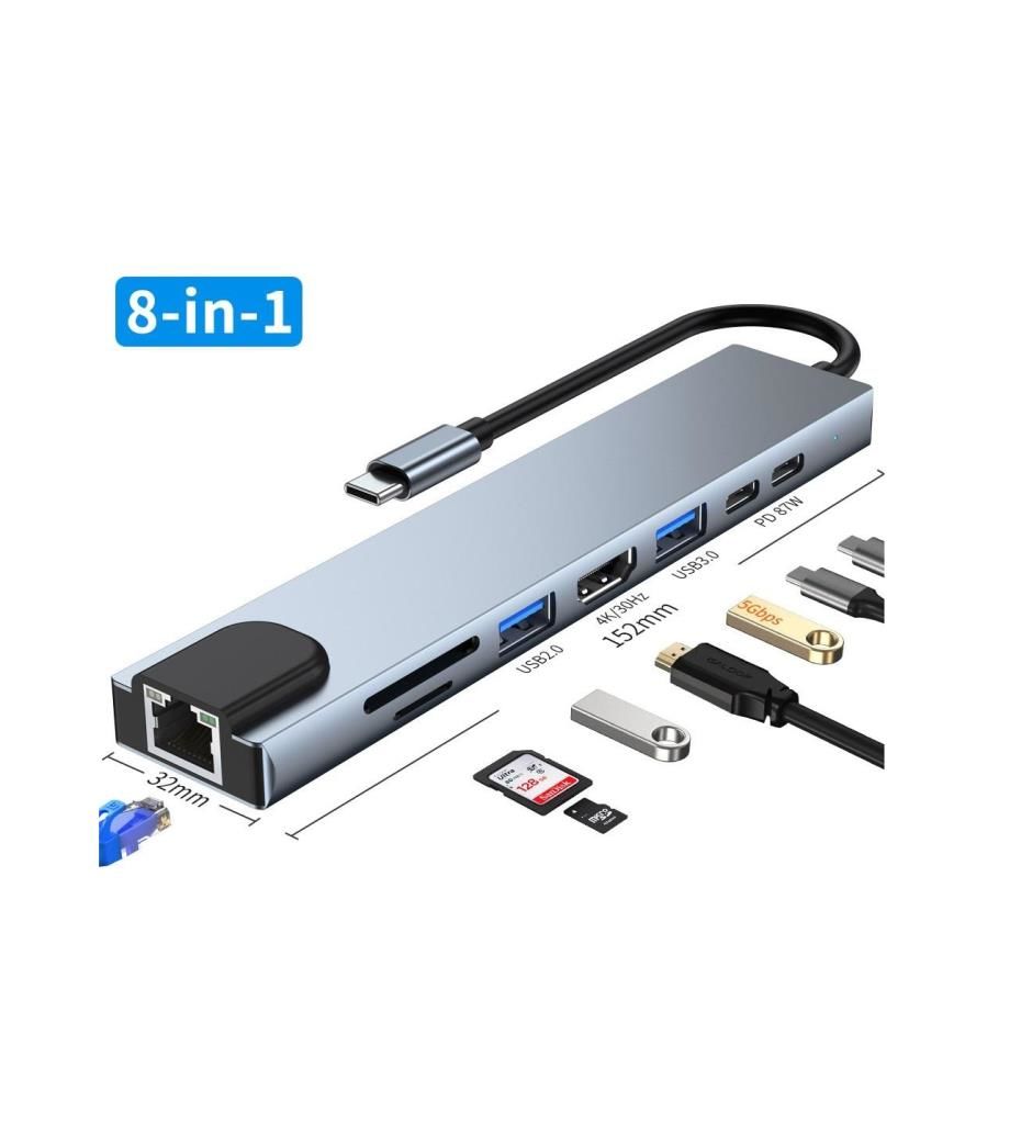 Type-C 8 Port Hub / 1 HDMI+2 USB 3.0+2 Type-C+TF+SD+Rj45 Çevirici