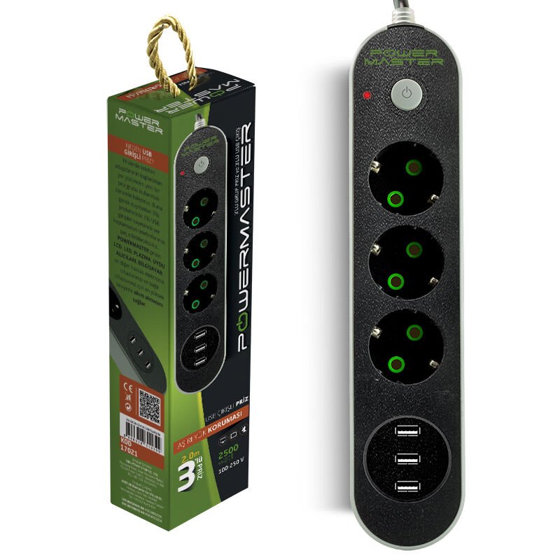 PM-17021 3 USB ÇIKIŞLI 3'LÜ 2 METRE KABLOLU AKIM KORUMALI PRİZ 10A-2500 WATT