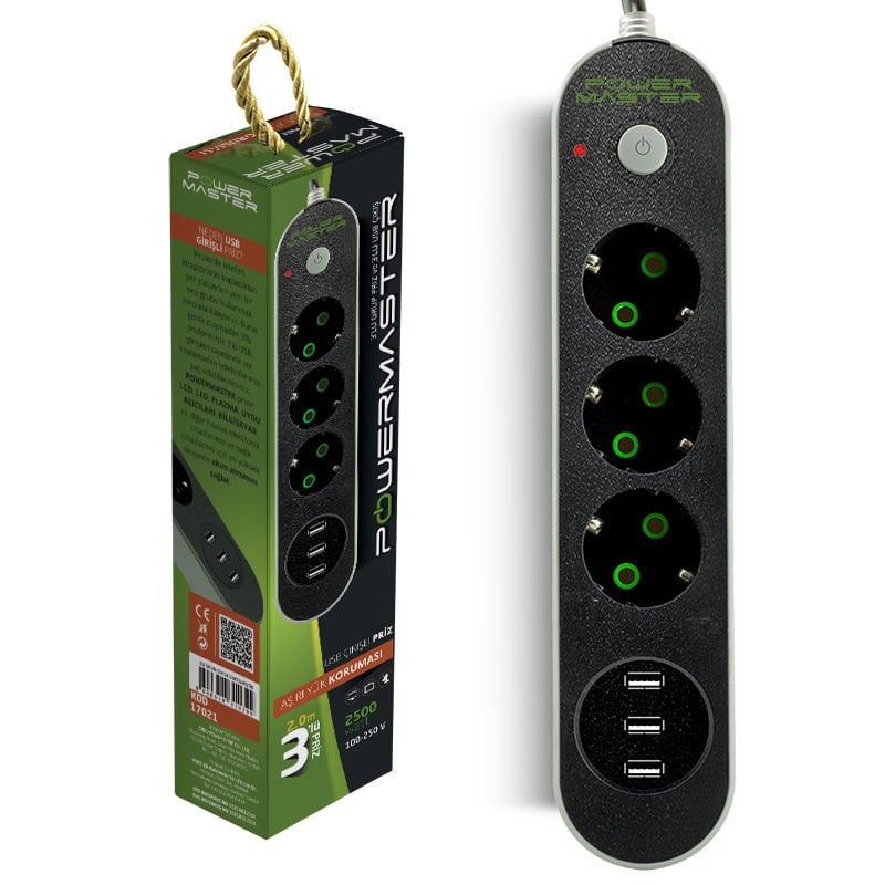 PM-17021 3 USB ÇIKIŞLI 3'LÜ 2 METRE KABLOLU AKIM KORUMALI PRİZ 10A-2500 WATT