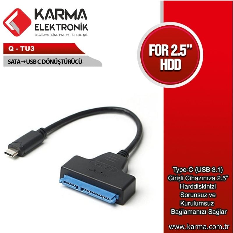 QPORT (Q-TU3) USB3.1 TYPE-C TO SATA Çevirici - Kablo (Hdd, SSD Disk Usb-C Ara Kablosu)