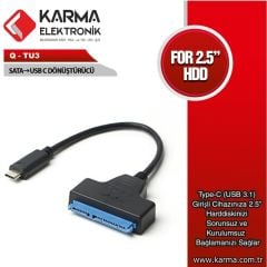 QPORT (Q-TU3) USB3.1 TYPE-C TO SATA Çevirici - Kablo (Hdd, SSD Disk Usb-C Ara Kablosu)