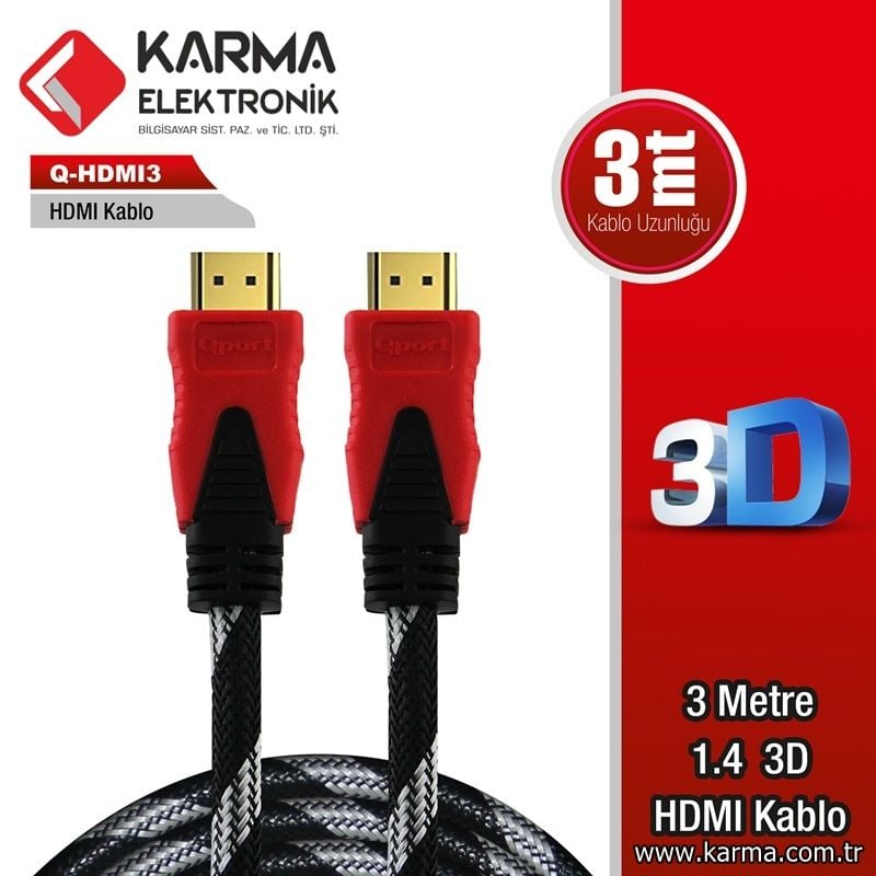 QPORT Q-HDMI3 3 METRE 1.4 ''3D'' HDMI Kablo Altın Uçlu (3mt)