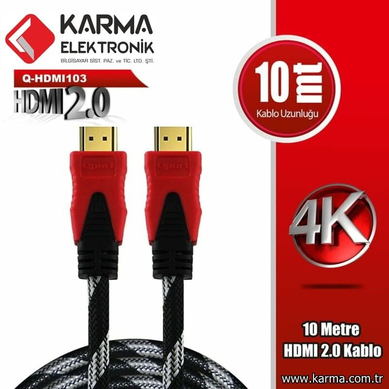 QPORT Q-HDMI103 10 METRE 2.0V 4K 60HZ HDMI Kablo (10mt Altın Uçlu Örgülü Kablo)