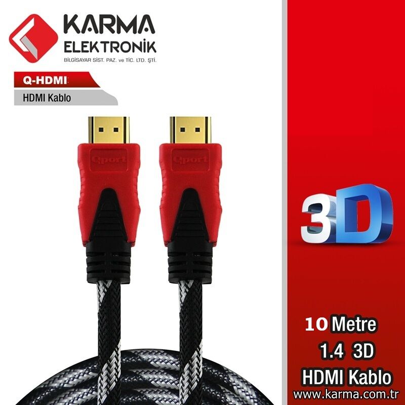 QPORT Q-HDMI10 10 METRE 1.4V 3D HDMI Kablo (10mt Altın Uçlu Örgülü Kablo)
