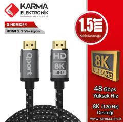 QPORT Q-HDMI211 HDMI 2.1V 8K 1.5M ALTIN UÇLU ÖRGÜLÜ KABLO (1.5 METRE)