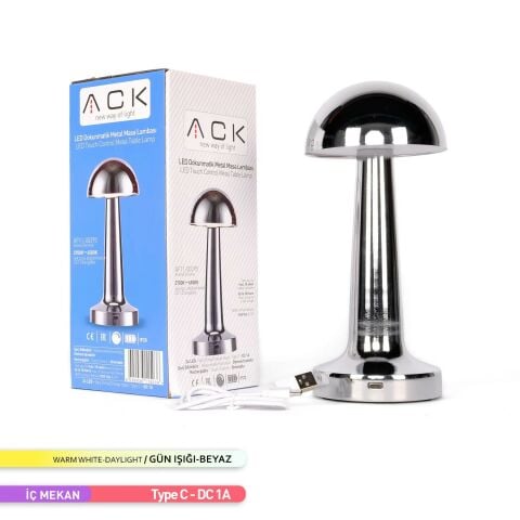 ACK Şarjlı Dokunmatik LED Masa Lambası, Renk Değiştirilebilir, Krom Renk Tek Anahtarla 3 Renk AF11 - 00295