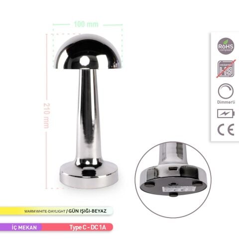 ACK Şarjlı Dokunmatik LED Masa Lambası, Renk Değiştirilebilir, Krom Renk Tek Anahtarla 3 Renk AF11 - 00295