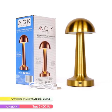 ACK Şarjlı Dokunmatik LED Masa Lambası, Renk Değiştirilebilir, Gold Renk Tek Anahtarla 3 Renk AF11 - 00296