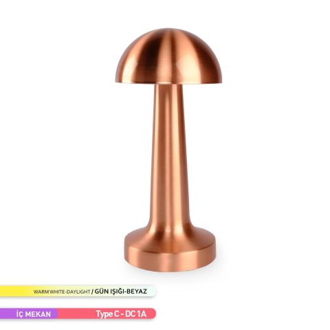 ACK Şarjlı Dokunmatik LED Masa Lambası, Renk Değiştirilebilir, Bakır Renk Tek Anahtarla 3 Renk