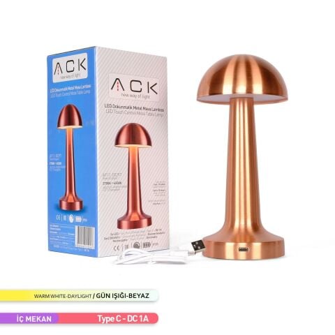 ACK Şarjlı Dokunmatik LED Masa Lambası, Renk Değiştirilebilir, Bakır Renk Tek Anahtarla 3 Renk