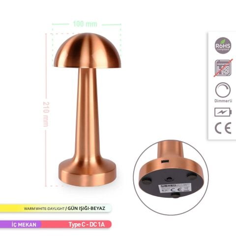 ACK Şarjlı Dokunmatik LED Masa Lambası, Renk Değiştirilebilir, Bakır Renk Tek Anahtarla 3 Renk