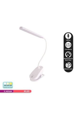 ACK Şarjlı Mandallı LED Masa Lambası, Ayarlanabilir Dokunmatik Işık, Çalışma ve Okuma Lambası