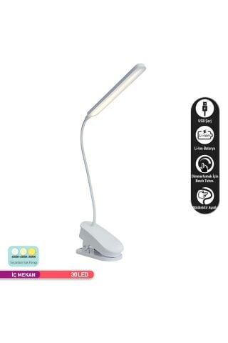 ACK Şarjlı Mandallı LED Masa Lambası, Ayarlanabilir Dokunmatik Işık, Çalışma ve Okuma Lambası