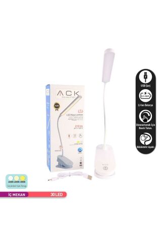 ACK Şarjlı Mandallı LED Masa Lambası, Ayarlanabilir Dokunmatik Işık, Çalışma ve Okuma Lambası