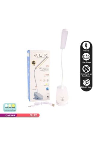 ACK Şarjlı Mandallı LED Masa Lambası, Ayarlanabilir Dokunmatik Işık, Çalışma ve Okuma Lambası