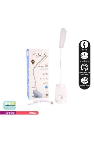 ACK Şarjlı Mandallı LED Masa Lambası, Ayarlanabilir Dokunmatik Işık, Çalışma ve Okuma Lambası