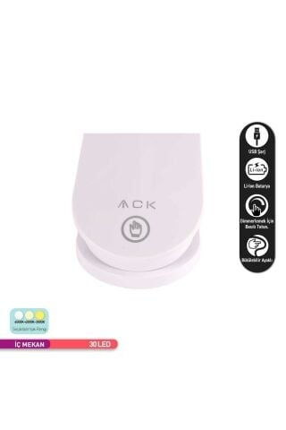 ACK Şarjlı Mandallı LED Masa Lambası, Ayarlanabilir Dokunmatik Işık, Çalışma ve Okuma Lambası