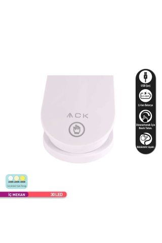 ACK Şarjlı Mandallı LED Masa Lambası, Ayarlanabilir Dokunmatik Işık, Çalışma ve Okuma Lambası