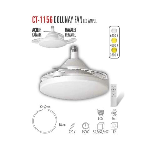Cata Dolunay 3 Renk Yanma Modlu Kumandalı Dimlenebilir Fan Led Ampul Aydınlatma CT-1156
