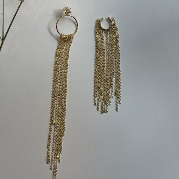 Gold Kıkırdak Küpe Detaylı Sallantılı Zincir Küpe