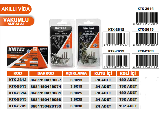 KNITEX-AKILLI VİDA 3.9*19 KTX-2613