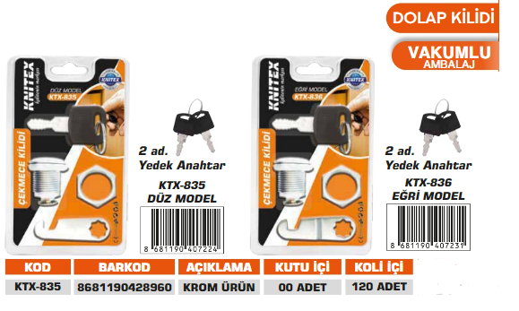 KNITEX-DOLAP KİLİDİ DÜZ VKM KTX-835