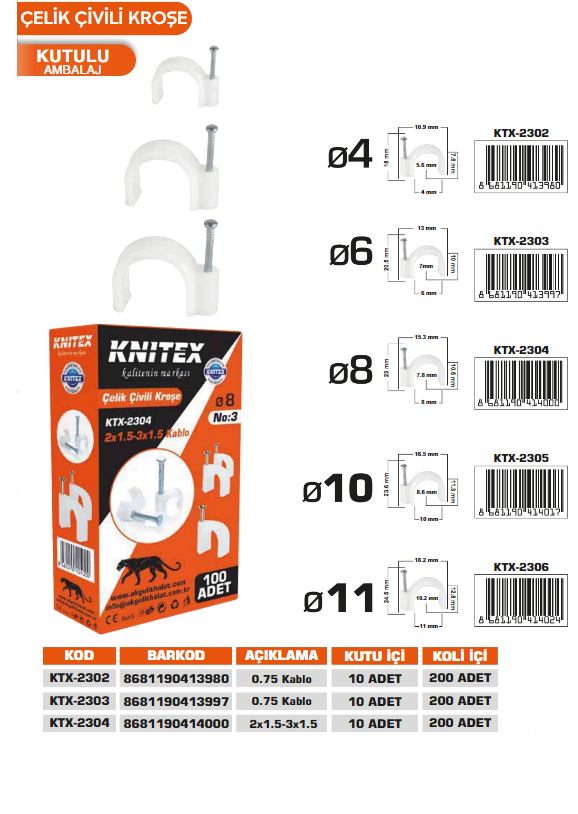 KNITEX-ÇİVİLİ KROŞE 100'LÜ NO:3 PK KTX-2304