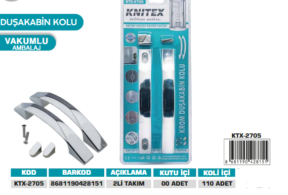 KNITEX-HİLAL KROM DUŞ KABİNİ KULPU 2 Lİ  KTX-2705
