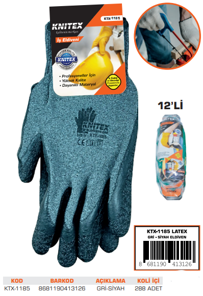 KNITEX-A-2 LATEX ELDİVEN GRİ-SİYAH
