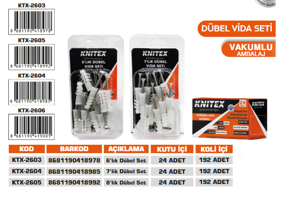 KNITEX-8'LİK DÜBEL VİDA SETİ KTX-2605