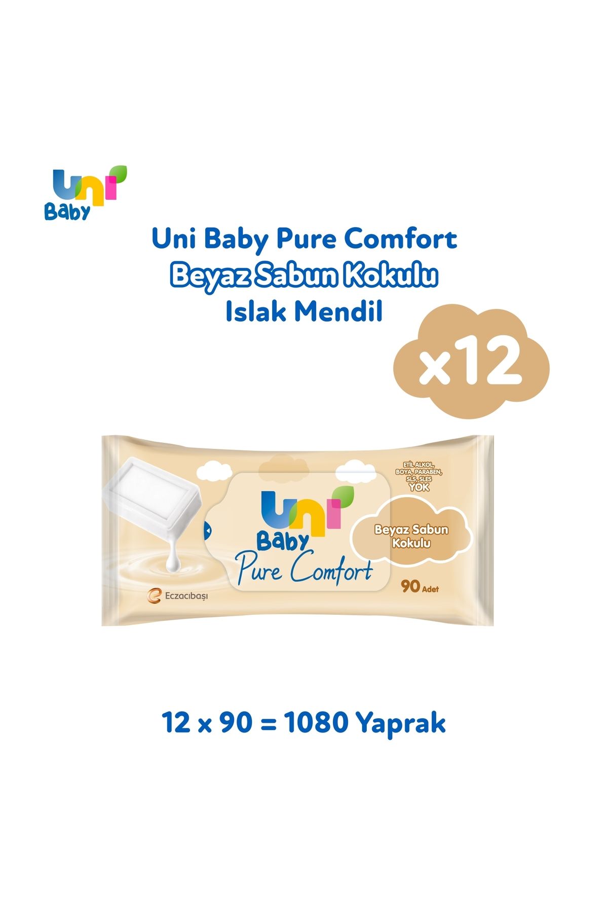 Uni baby Pure Comfort Beyaz Sabun Kokulu Islak Mendil 12'li 1080 Yaprak