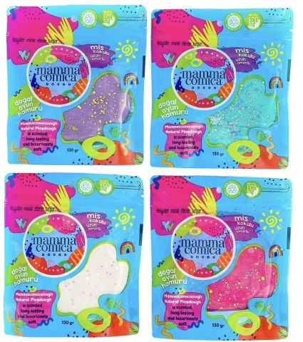 Mammacomica Dough 4'lü Doğal Oyun Hamuru - Refill Paket 4x130gr Simli
