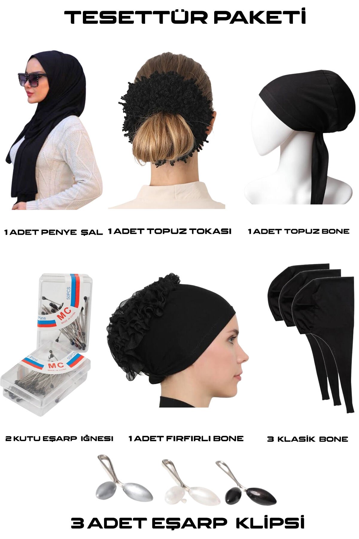 Tesettür Paketi 12 PARÇA ( Penye Şal,Topuz Tokası ,Dikişli Bone, Fırfırlı Bone ,Eşarp iğnesi ,Klips . Fırfırlı toka )
