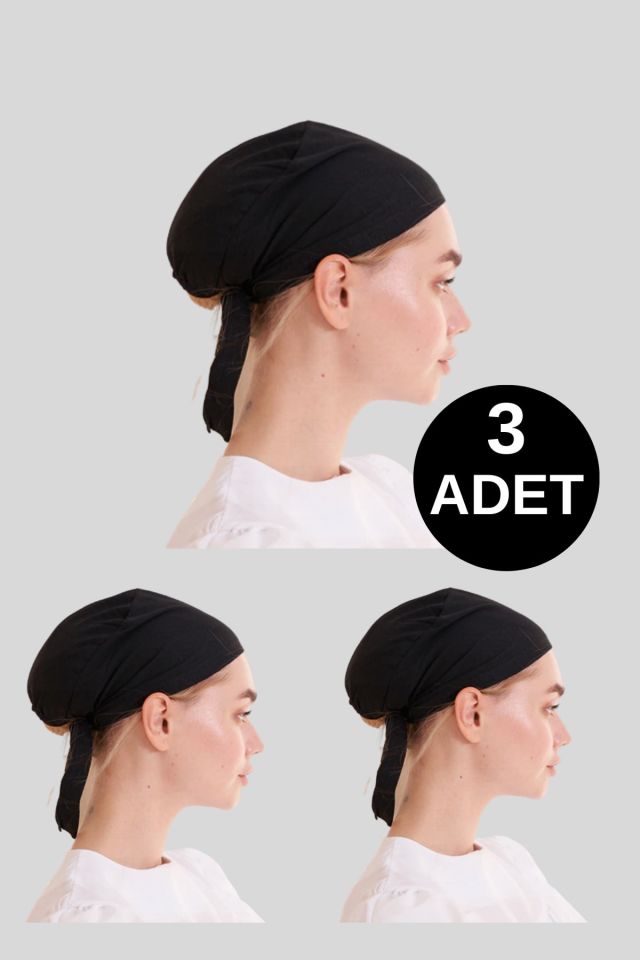 Kadın 3 Adet Likralı Siyah Penye Bone Kaymayan Bağlamalı Tesettür Giyim Hazır Bone Şal Eşarp
