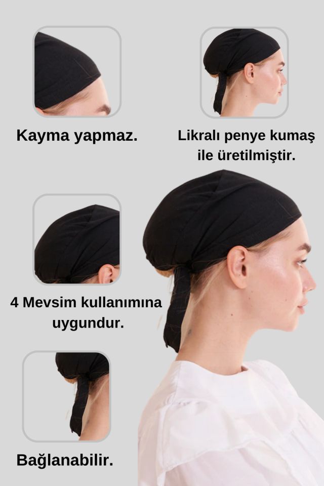 Kadın 3 Adet Likralı Siyah Penye Bone Kaymayan Bağlamalı Tesettür Giyim Hazır Bone Şal Eşarp
