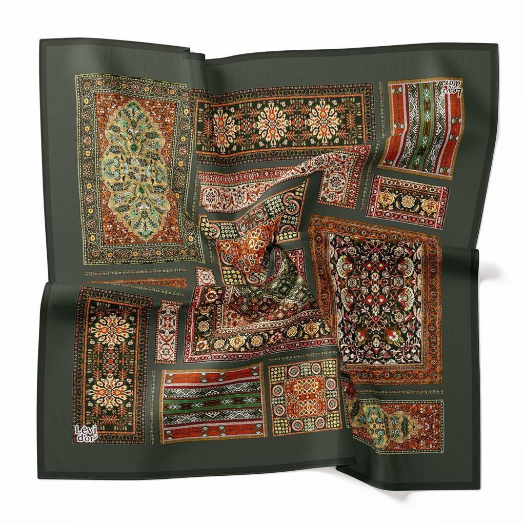 Levidor Yeşil, Kilim Desenli İpek Eşarp 8689358355455